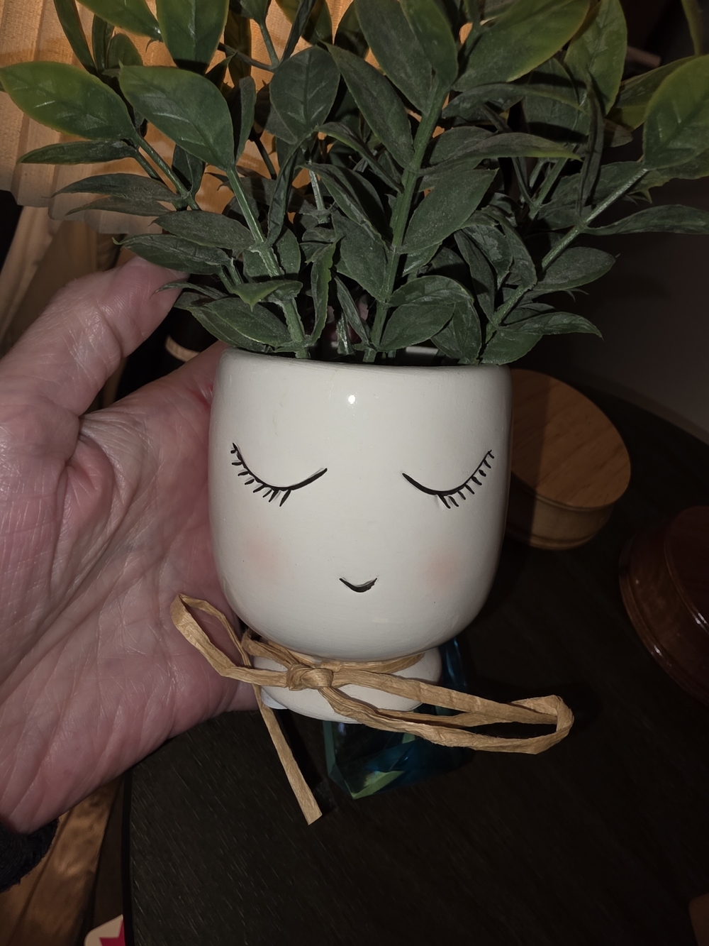 Hand-Painted White Ceramic Sleepy Face Planter with Raffia Bow